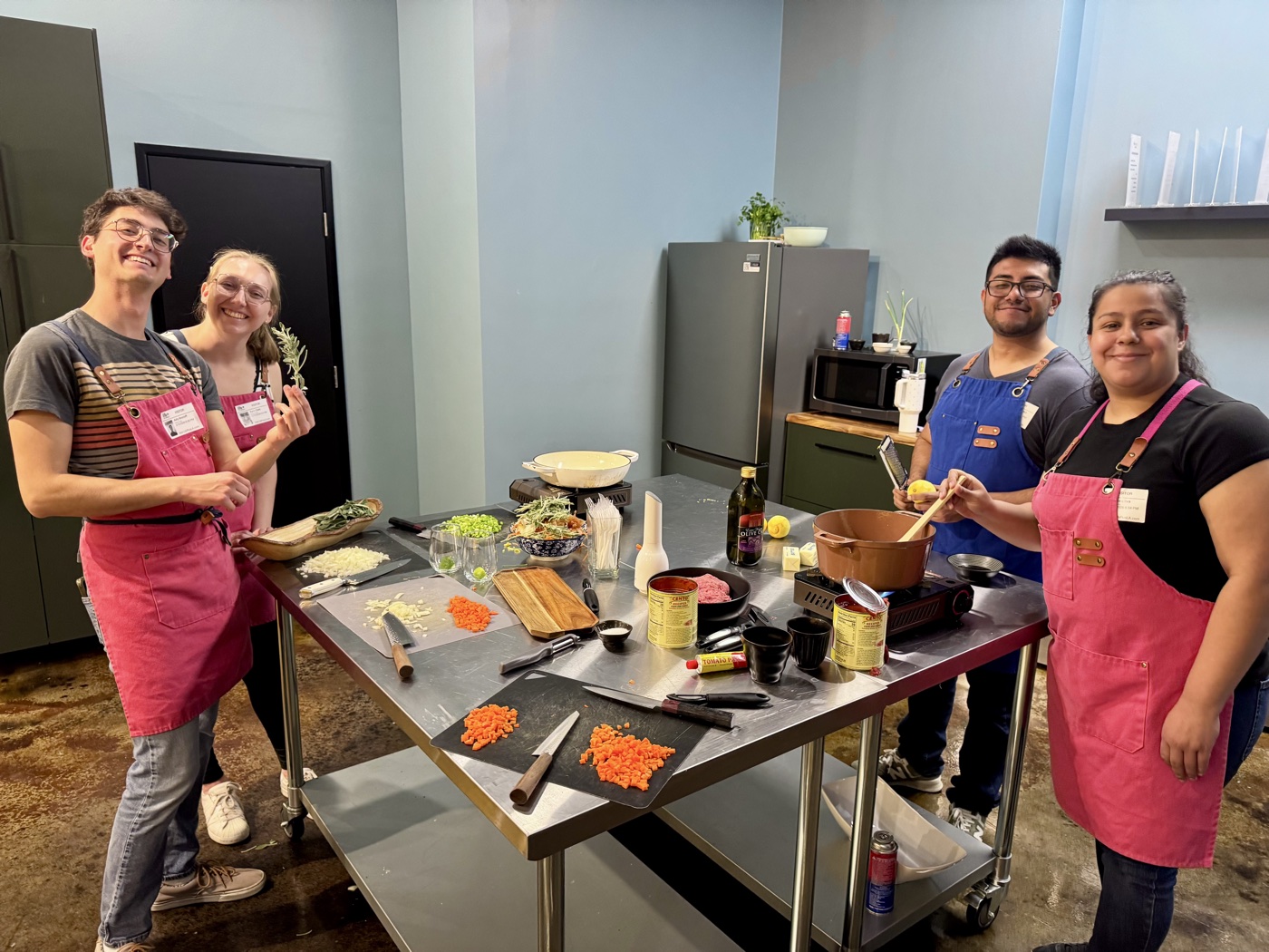 A group of friends prepping their dishes