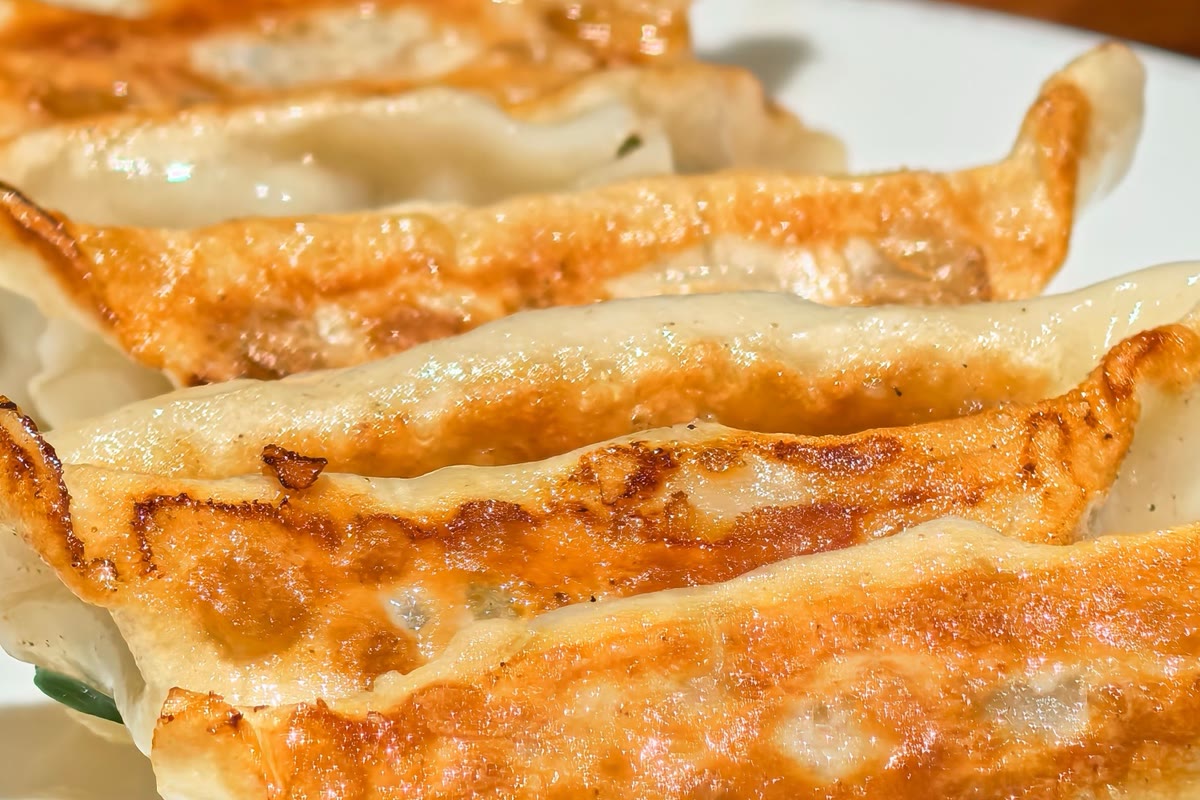 Golden pan-seared pot stickers on a white plate