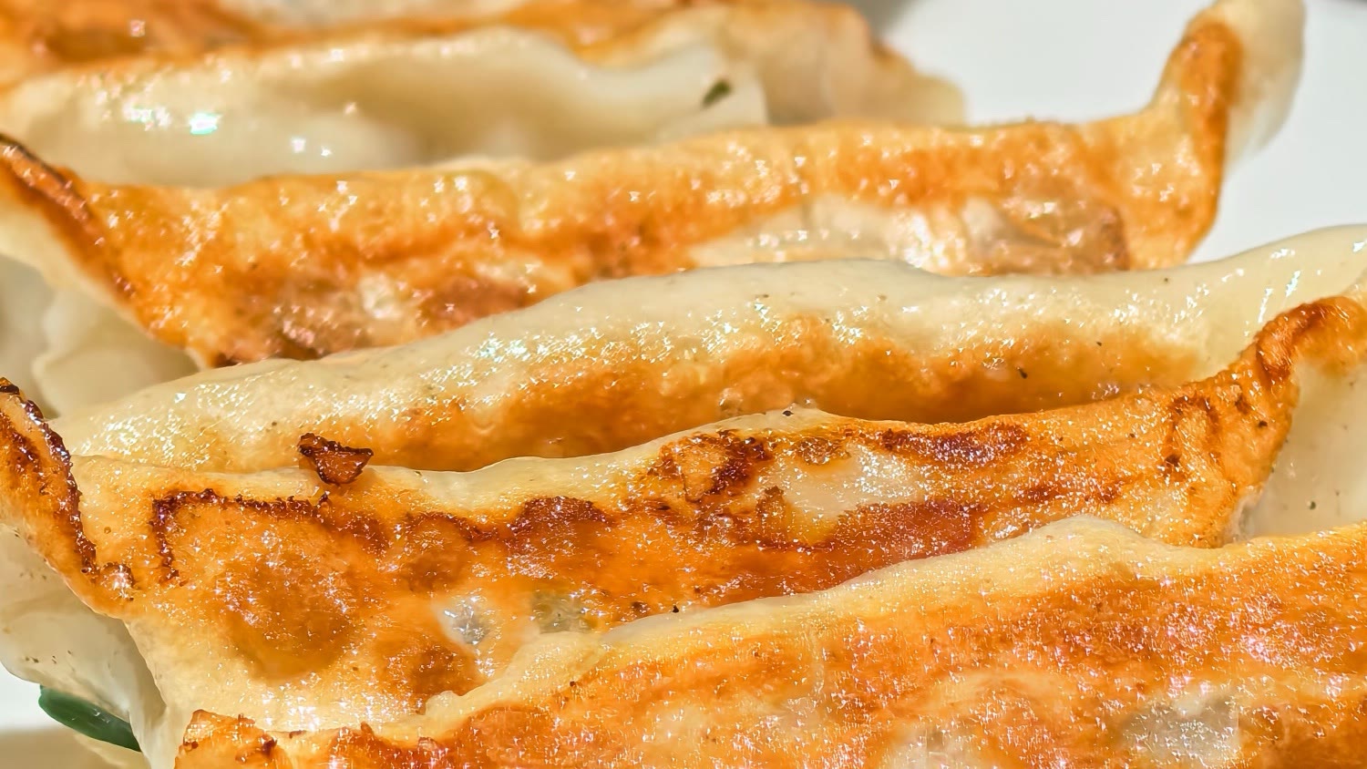 Pan-seared pot stickers with a dipping sauce behind them